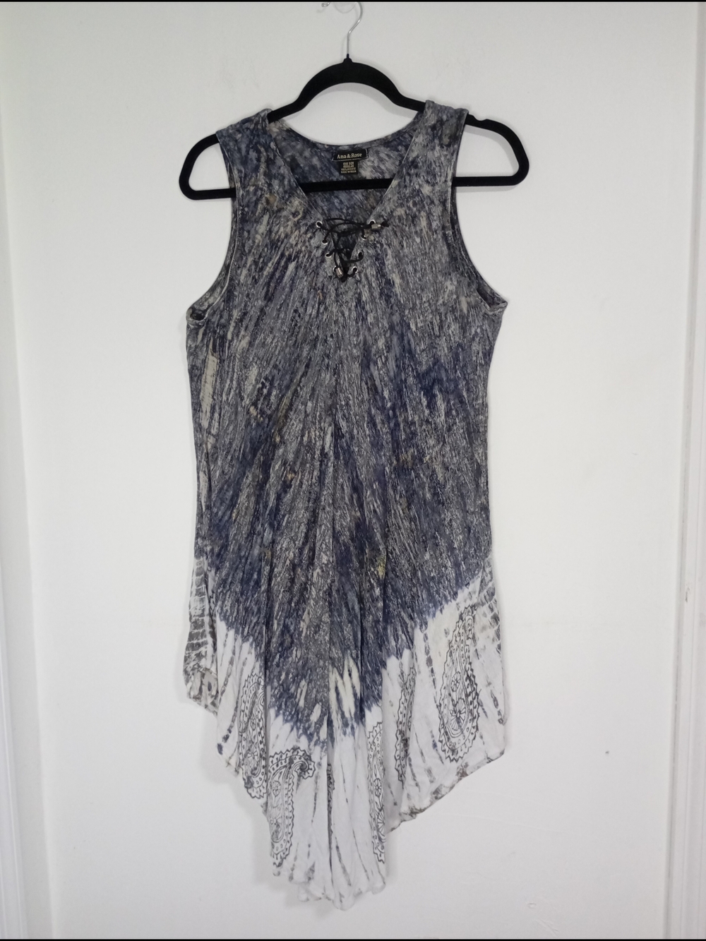 Ana & Rose Boho Handkerchief Hem Tunic Dress Lace-Up Neck One Size Asymmetrical